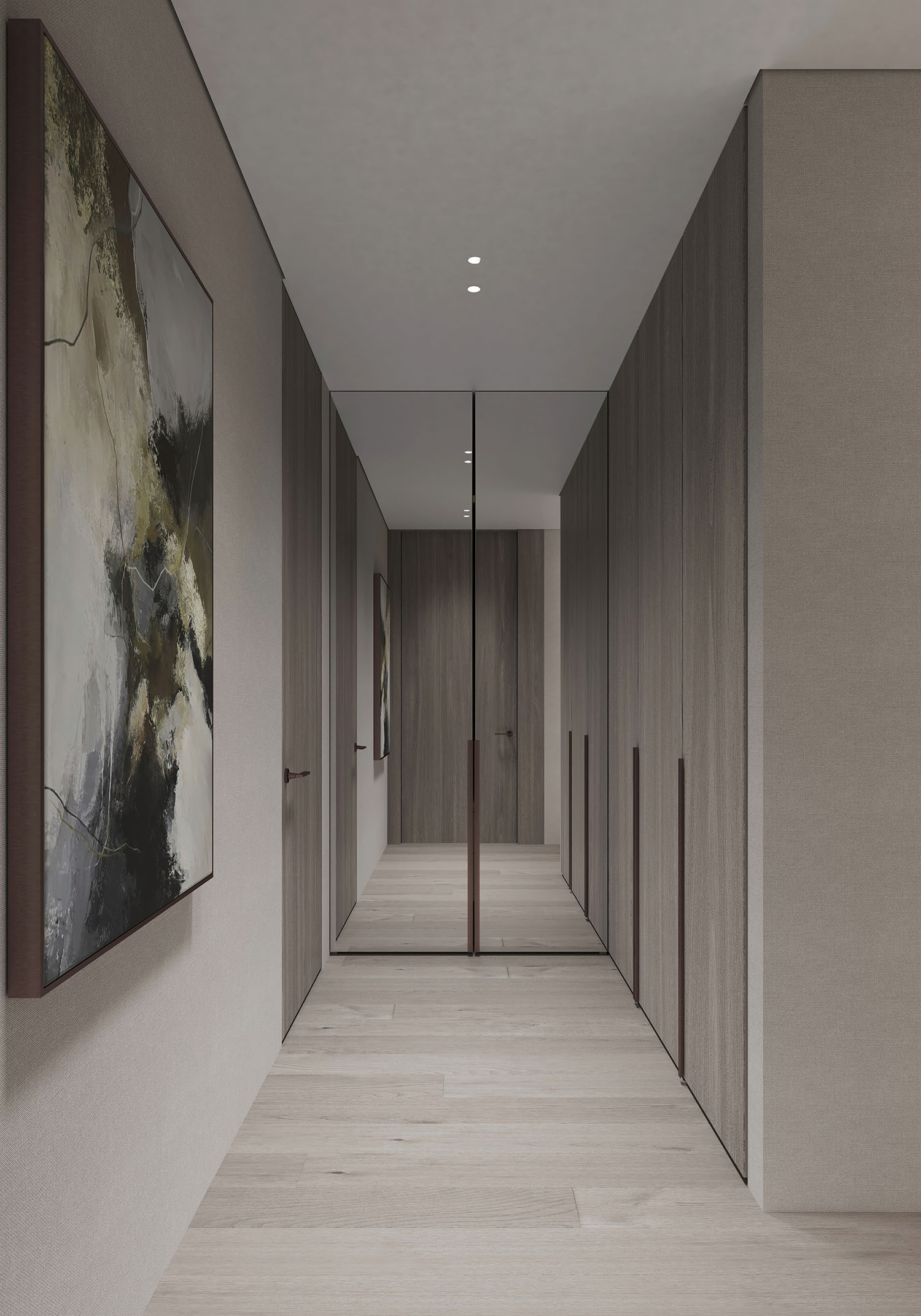 Cove By Imtiaz A modern hallway with wooden paneling, a large abstract painting, and a mirror reflecting the space.